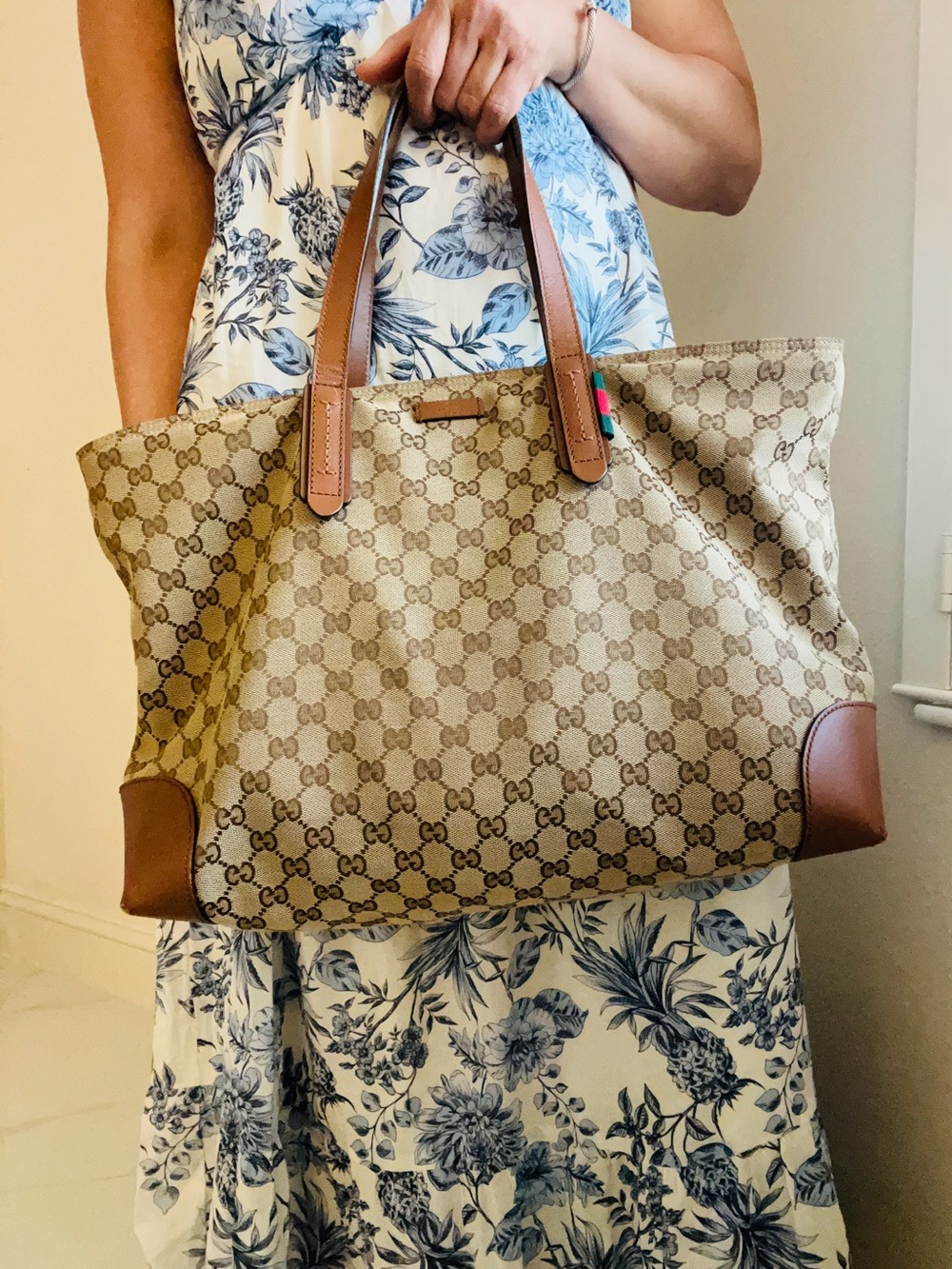 Gucci cloth Beige Monogram Tote with Chestnut Leather Trim